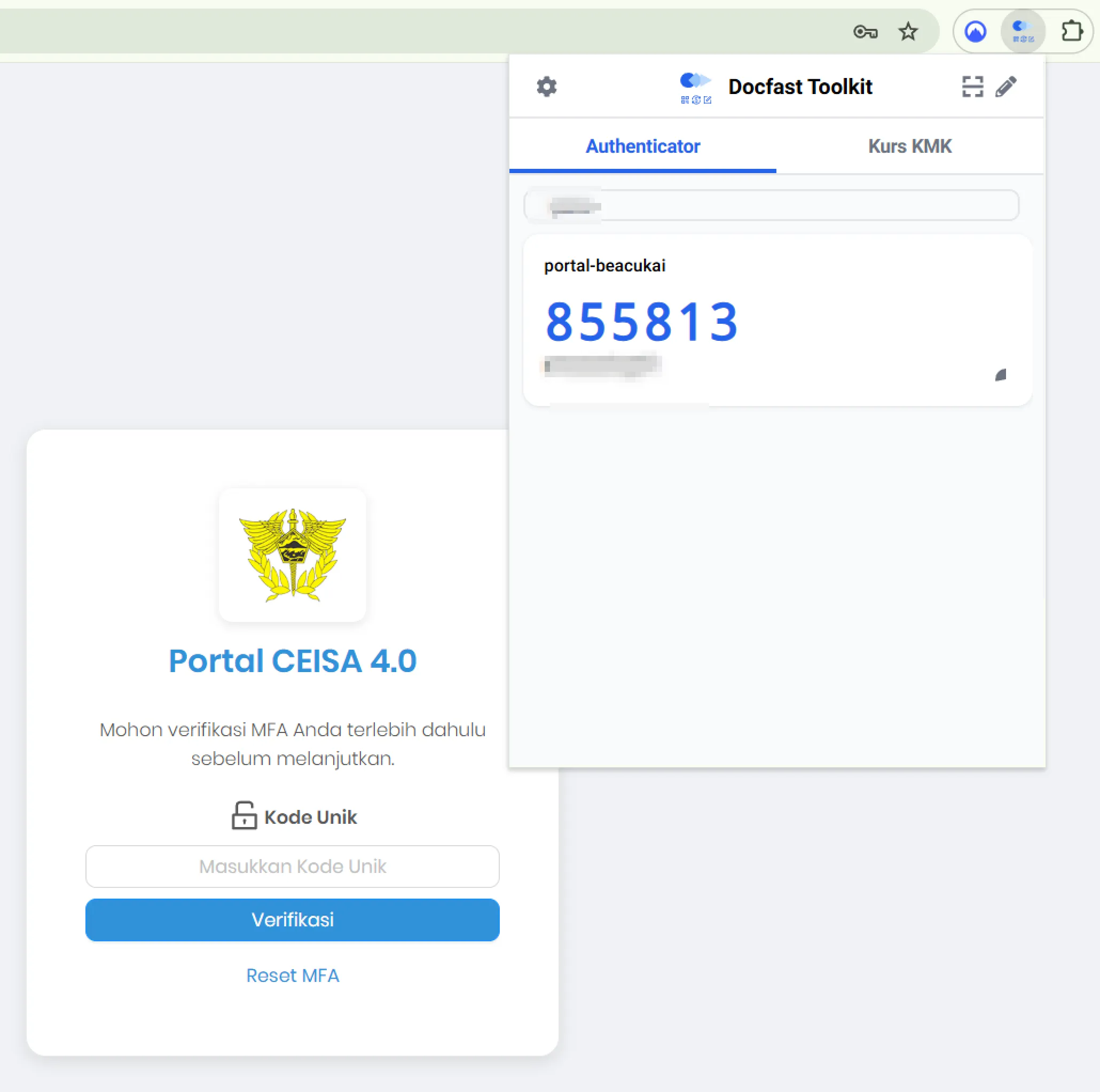 Halaman verifikasi kode OTP di portal Bea Cukai