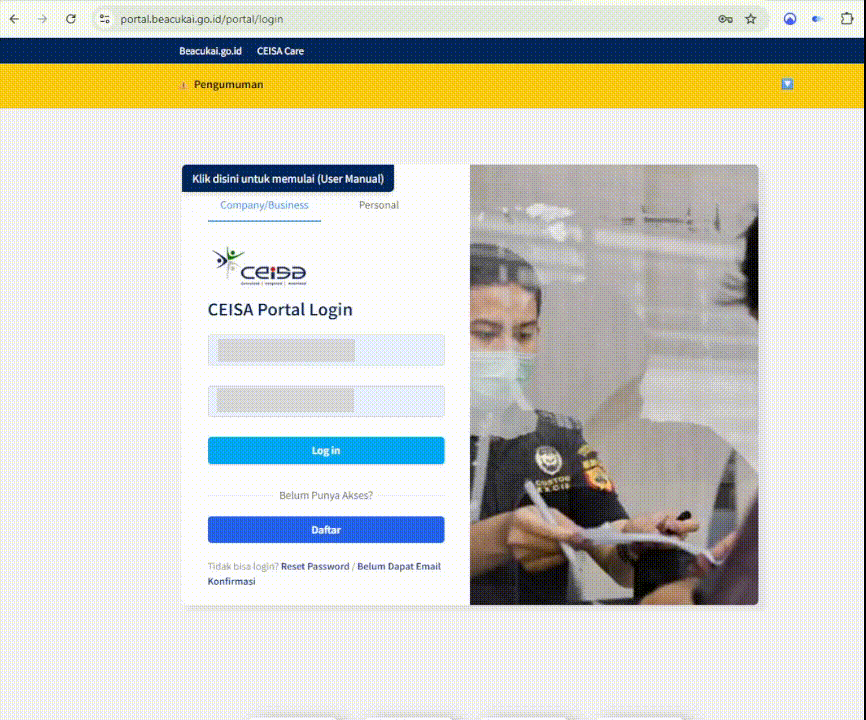 Rekaman layar login CEISA 4.0 dengan kode OTP dari Docfast Toolkit